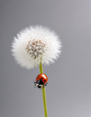 Ladybug exploring dandelion fluff in bright setting