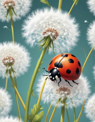 Ladybug rests on dandelion flowers in bright garden