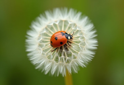 Ladybug on a dandelion puff during a sunny day outdoors
