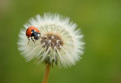 Ladybug sits on dandelion in springtime garden