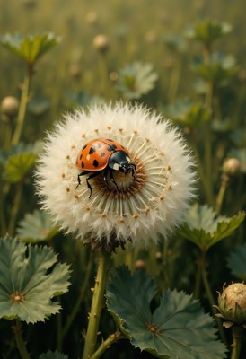 Ladybug perched on dandelion in a lush field