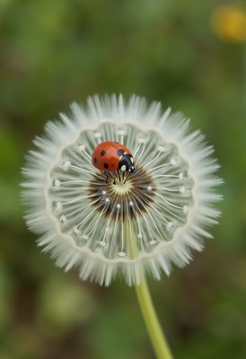 Ladybug resting on a dandelion seed head in spring