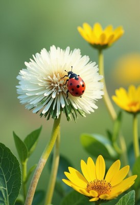 Colorful ladybug resting on a dandelion flower