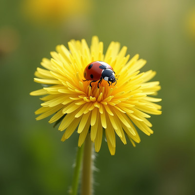 Colorful ladybug on bright yellow dandelion flower