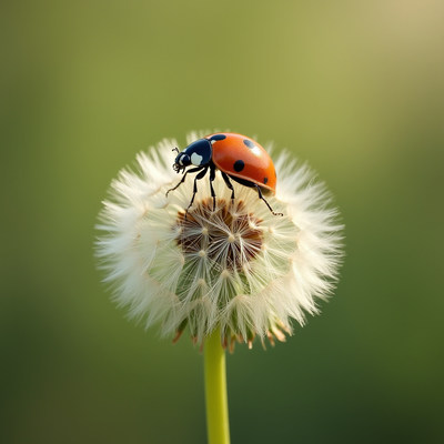 Ladybug resting on a dandelion in a sunlit field