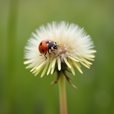 Ladybug resting on a dandelion in a sunny field