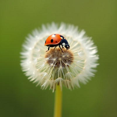 Ladybug resting on dandelion in a vibrant green field