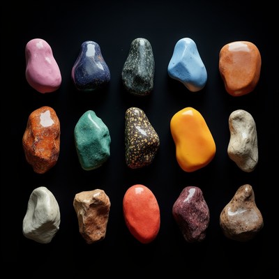 Colorful collection of polished stones arranged by hue