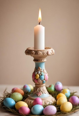 Colorful easter eggs and candle create festive decor