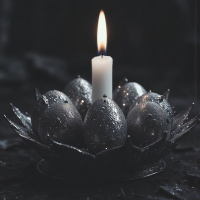 Candlelight illuminating decorative eggs in a floral holder