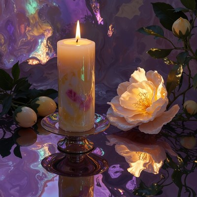 Candlelight with flower and fruit on shiny surface