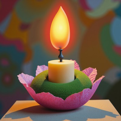 Decorative candle holder with glowing flame and petals
