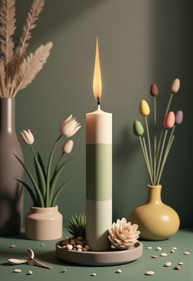 Decorative candle with flowers on gentle green background