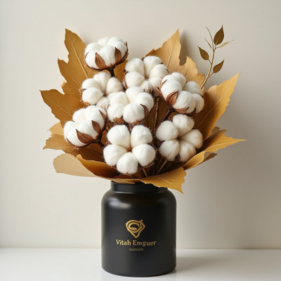 Cotton flower arrangement in elegant black vase