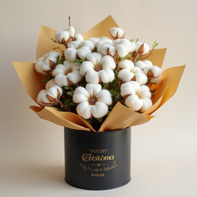 Cotton flower bouquet in decorative black container