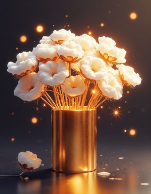 Elegant white flowers in shining golden vase with lights