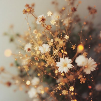 Delicate white flowers with a warm golden glow