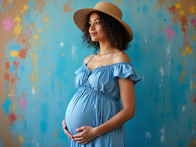 Expecting mother with blue dress poses in front of mural