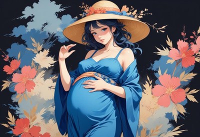 Pregnant woman in blue dress with floral background