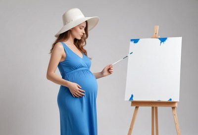 Expecting mother creating art in blue dress