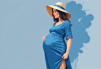 Woman in blue dress showcases pregnancy with grace