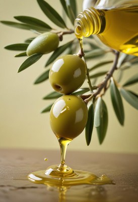 Fresh olives and olive oil pouring from a bottle