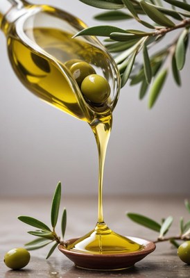 Olive oil pours from a vessel with olives beside it