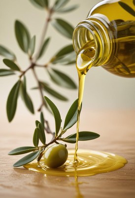 Pouring olive oil from a bottle onto a wooden surface