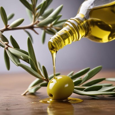 Pouring olive oil over an olive branch in a bright kitchen