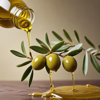 Olive oil pouring from bottle onto fresh olives
