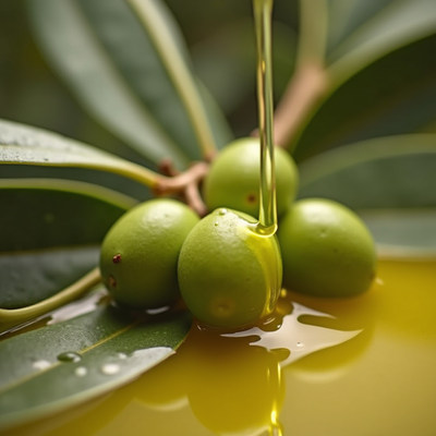 Fresh olive oil being extracted from green olives