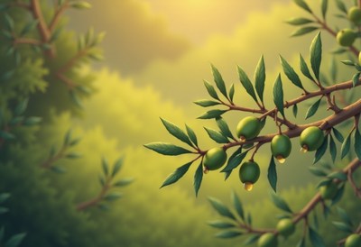 Olive branch with ripening fruit in serene nature setting