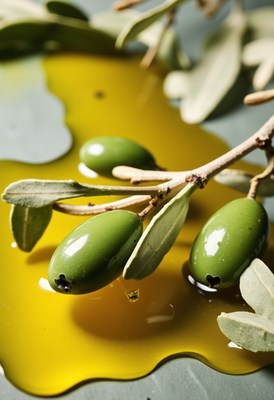 Fresh green olives surrounded by olive oil pour