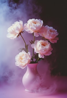 Soft pink flowers in a vase with misty background