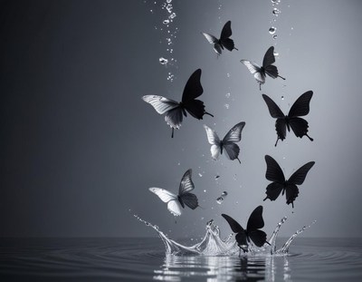 Butterflies dancing above water's surface in monochrome