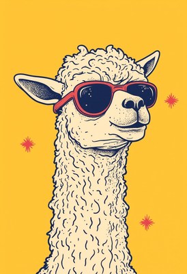 Llama wearing sunglasses with a vibrant yellow background