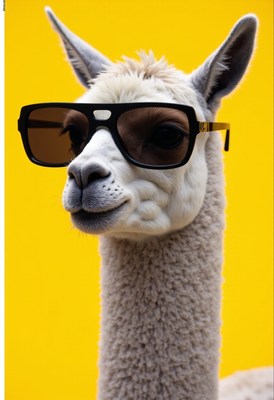 Llama wearing sunglasses against a bright yellow backdrop