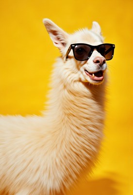 Llama wearing sunglasses poses against yellow backdrop