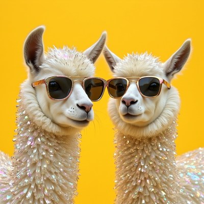 Llamas wearing sunglasses pose against a yellow backdrop