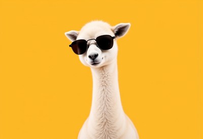 Llama in sunglasses on a yellow backdrop