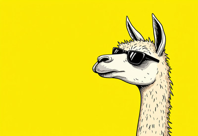 Llama wearing sunglasses against a bright yellow background