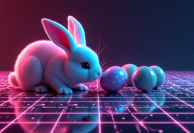 Playful bunny examines colorful eggs in neon light
