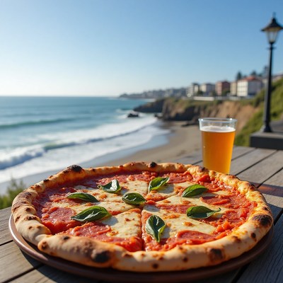 Enjoying pizza and beer by the ocean at sunset