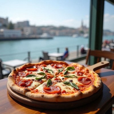 Delicious pizza served by the waterfront in sunny weather