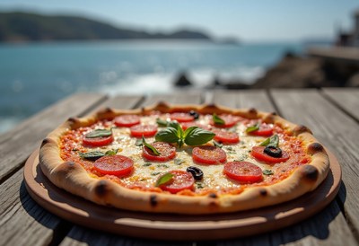 Fresh pizza served by the ocean on a sunny day