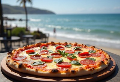 Fresh pizza served by the beach on a sunny day
