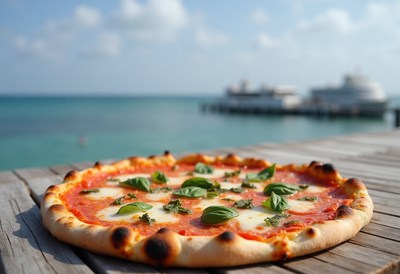 Delicious pizza served on a wooden table by the sea