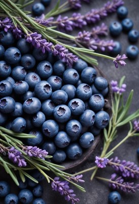 Fresh blueberries and lavender create a colorful display