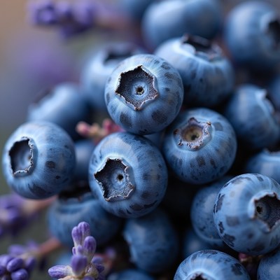 Fresh blueberries displayed with vibrant lavender blooms