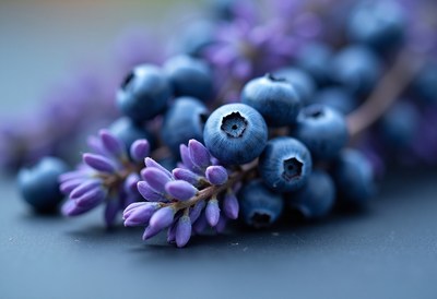 Fresh blueberries and lavender sprigs on a table